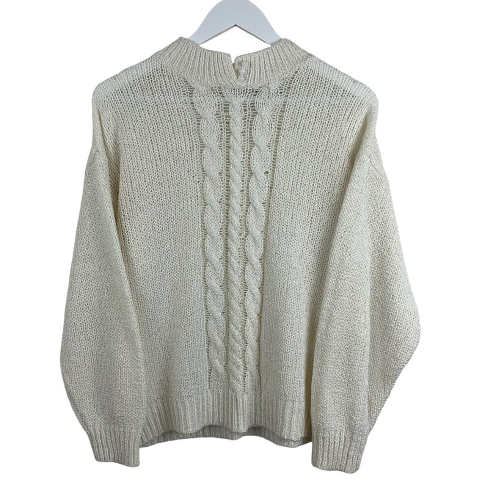 Vintage 80s Sterling Harris Sweater Womens Medium White Pearl Chunky Cable Knit